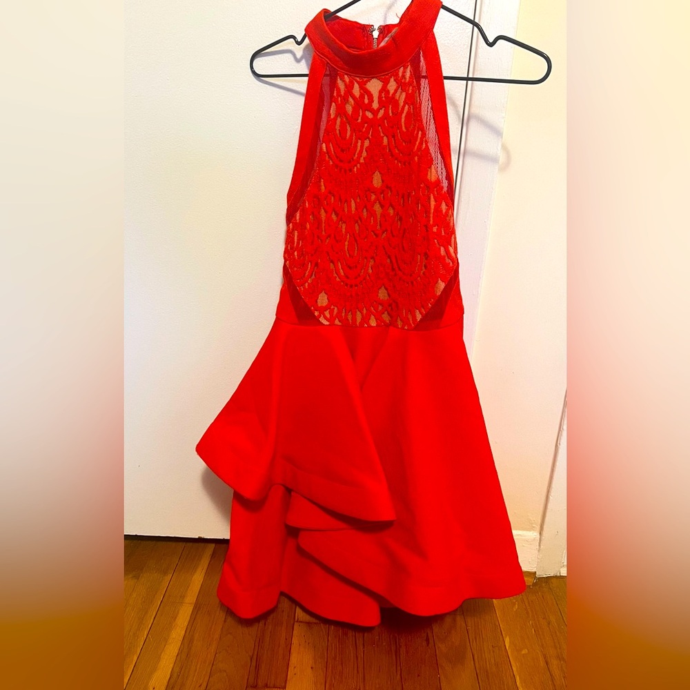 red dress with ruffles and lace